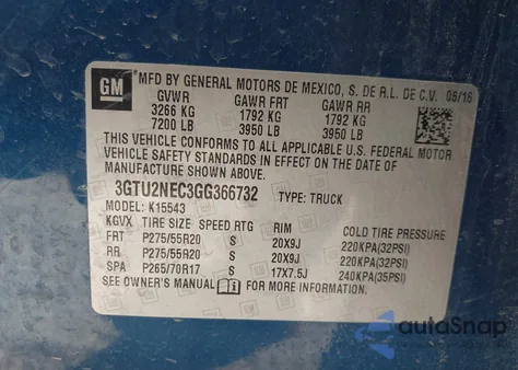 2016 GMC Sierra 1500 Slt z USA, uszkodzony, nr VIN 3GTU2NEC3GG366732